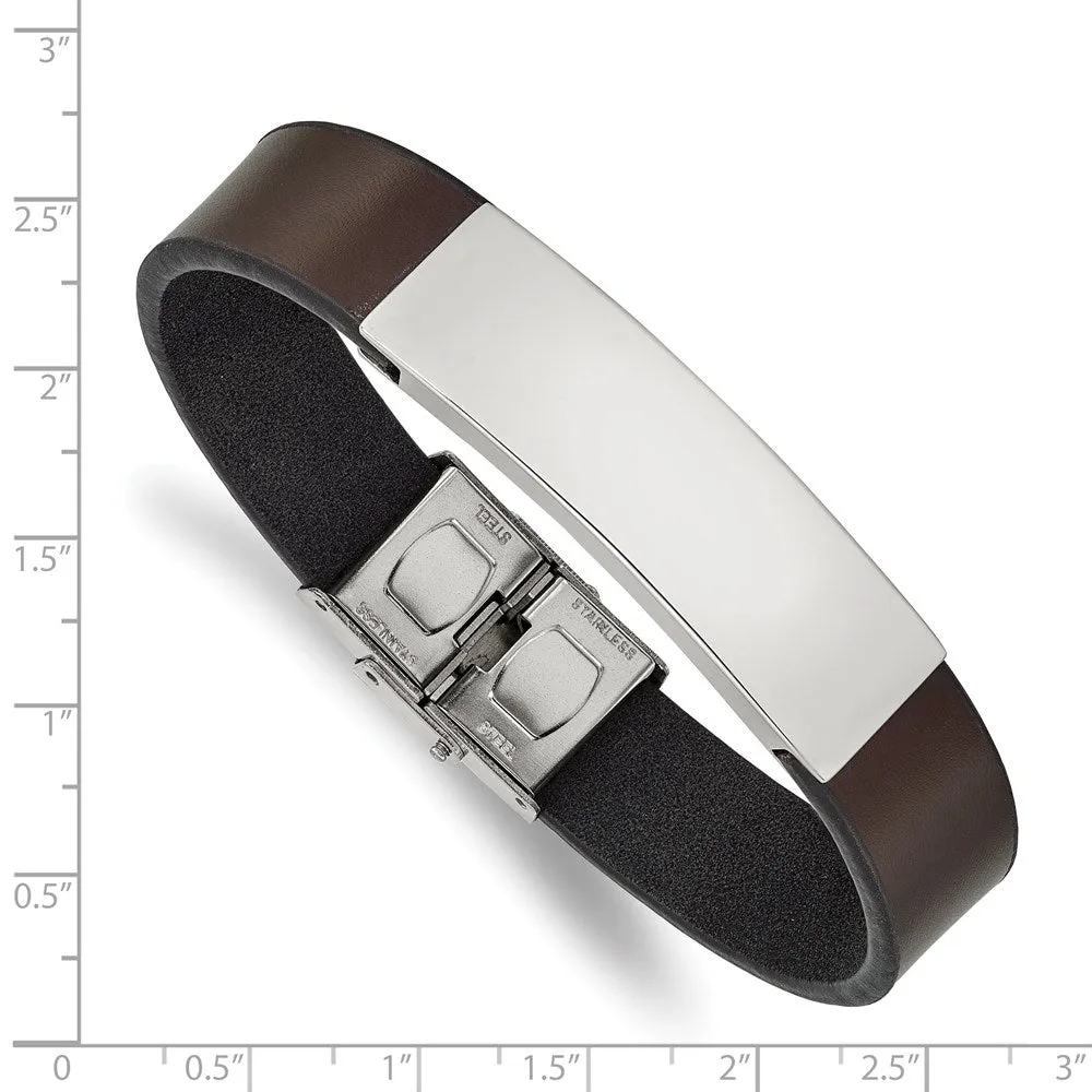 13.5mm Stainless Steel & Leather I.D. Bracelet, 8.25 Inch