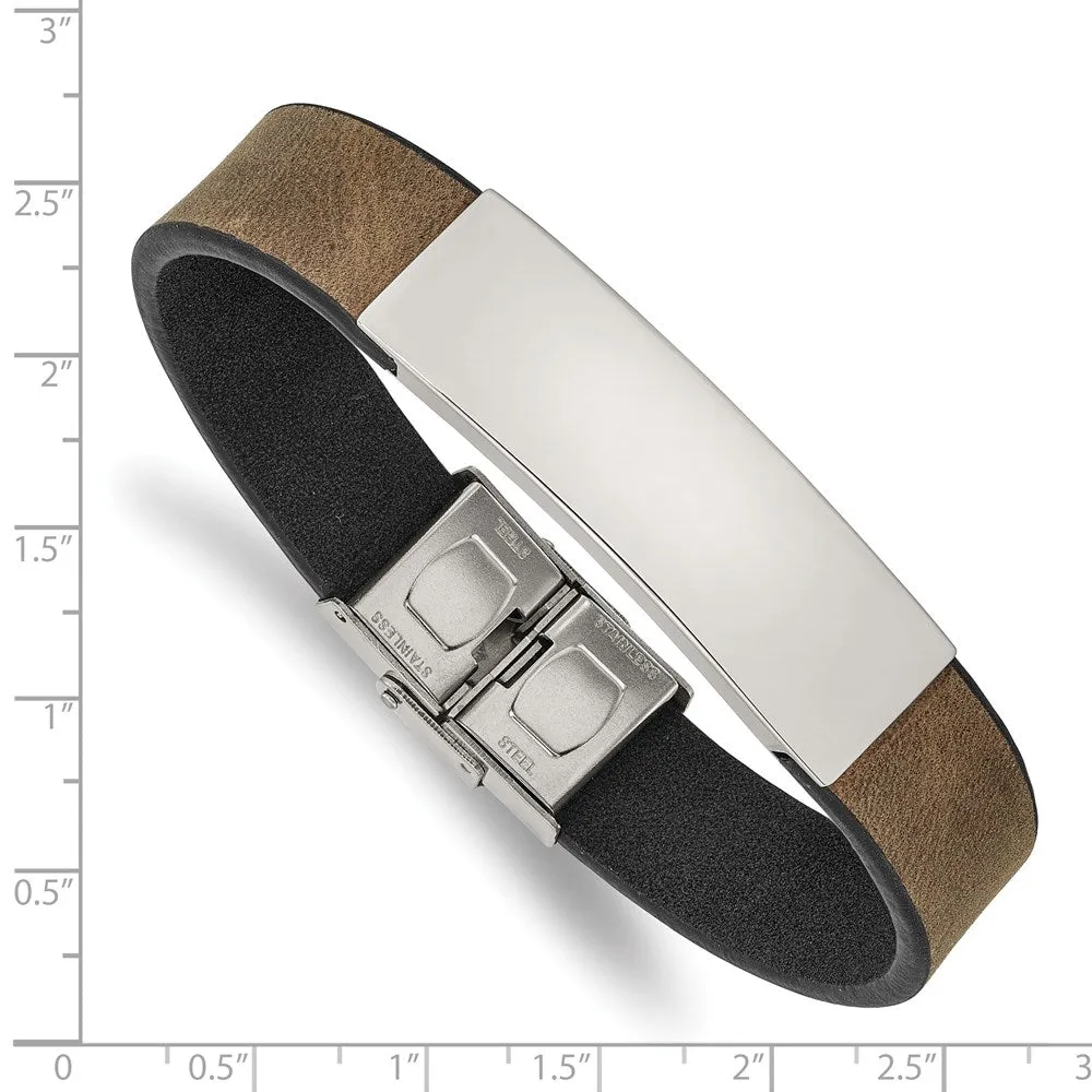 13.5mm Stainless Steel & Leather I.D. Bracelet, 8.25 Inch