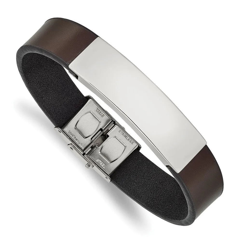 13.5mm Stainless Steel & Leather I.D. Bracelet, 8.25 Inch