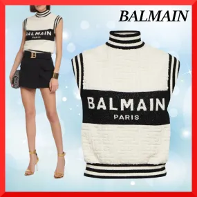 BALMAIN  |Stripes Casual Style Wool Sleeveless Plain Cotton