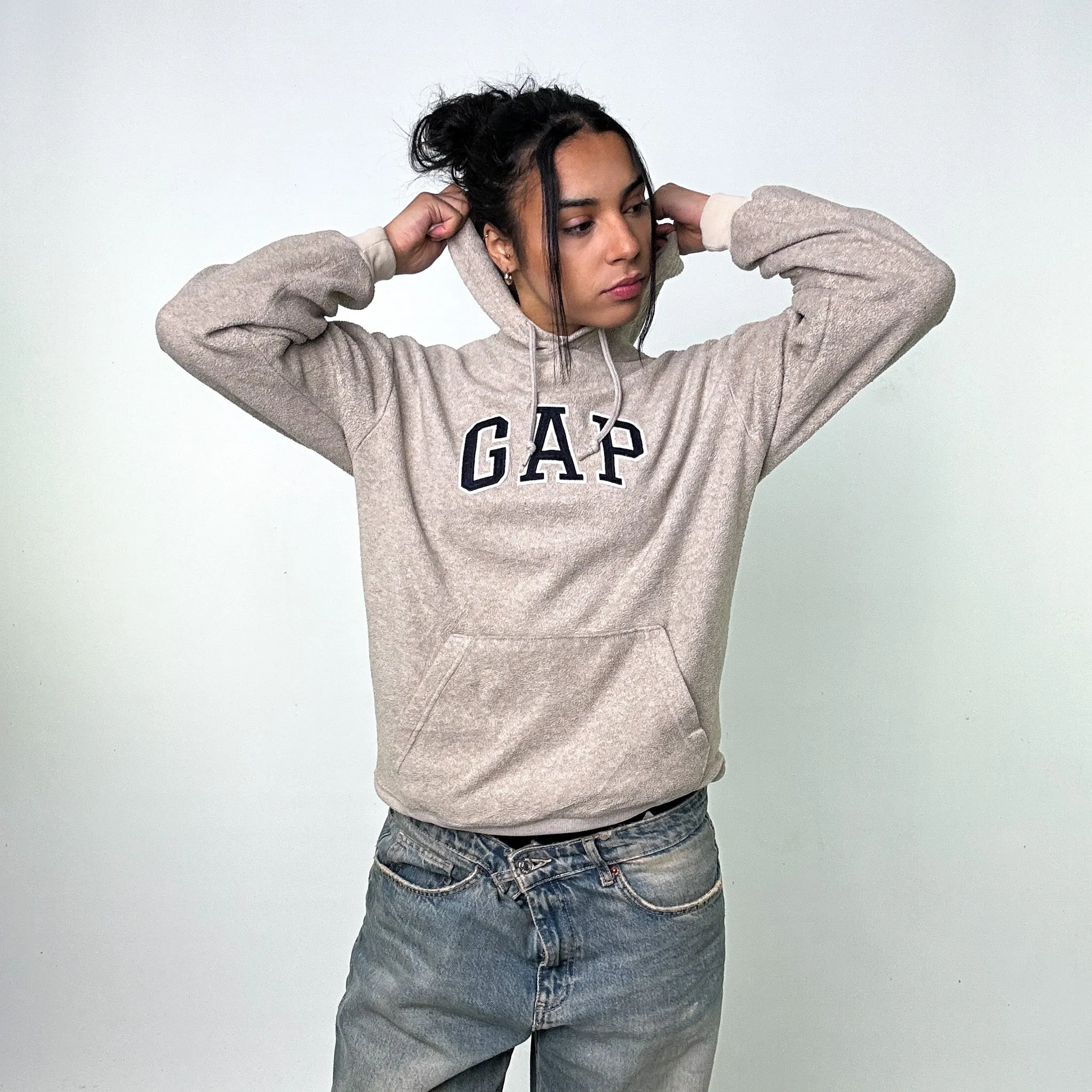 Beige Tan 90s GAP Spellout Hoodie Sweatshirt (S)