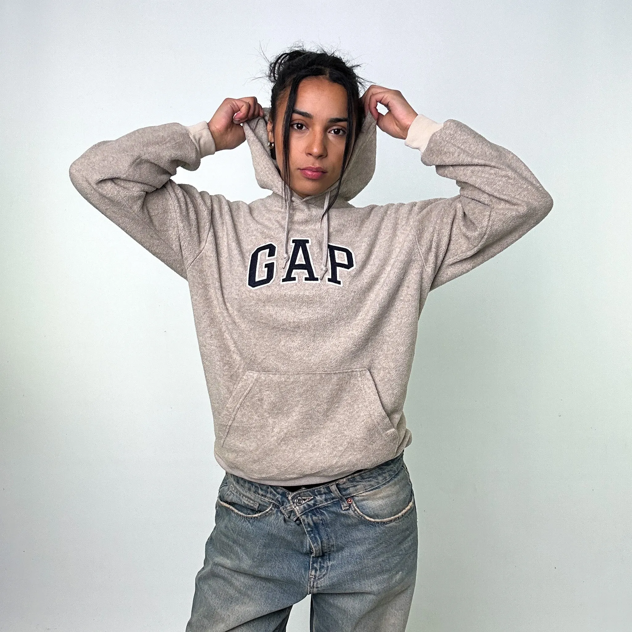 Beige Tan 90s GAP Spellout Hoodie Sweatshirt (S)