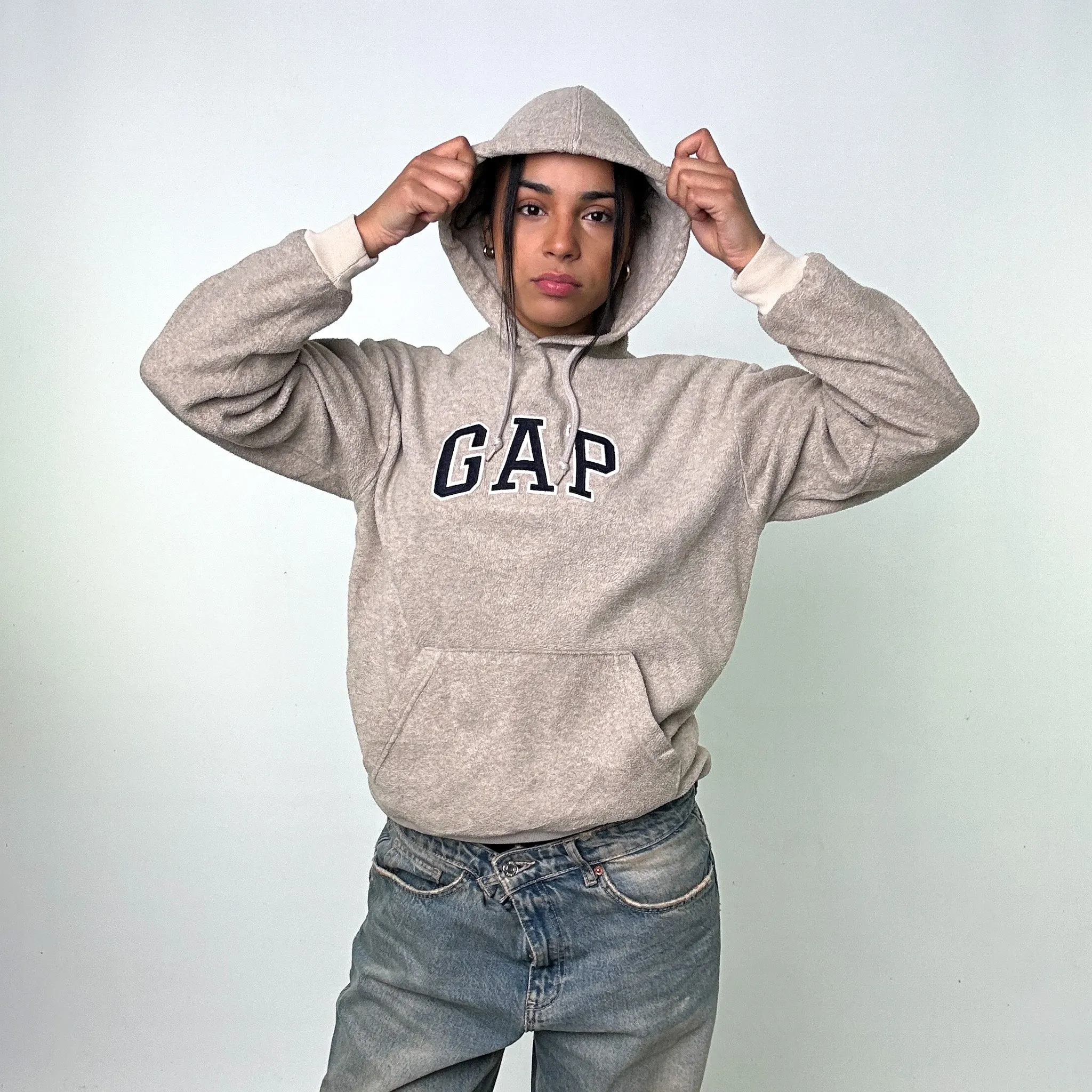 Beige Tan 90s GAP Spellout Hoodie Sweatshirt (S)