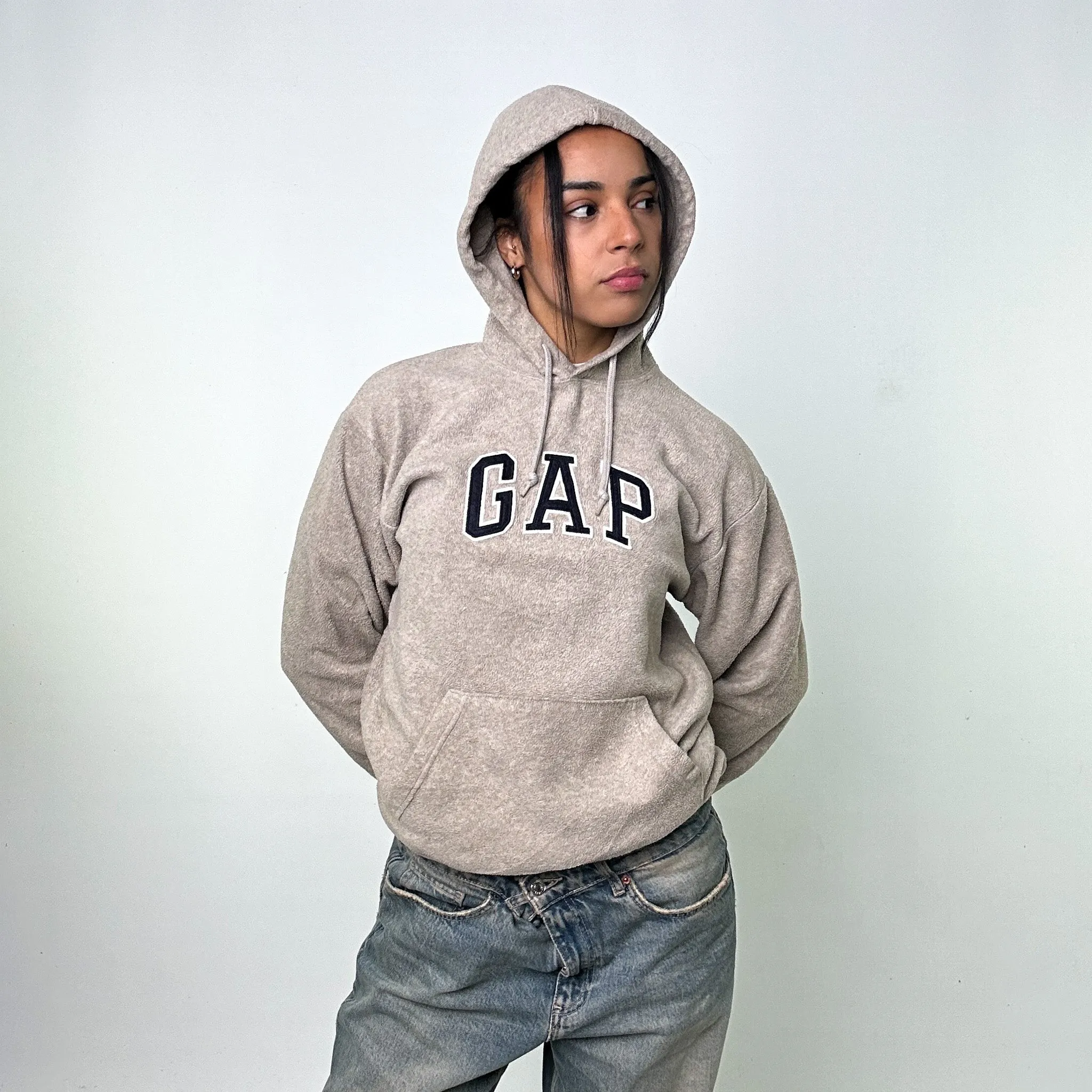 Beige Tan 90s GAP Spellout Hoodie Sweatshirt (S)