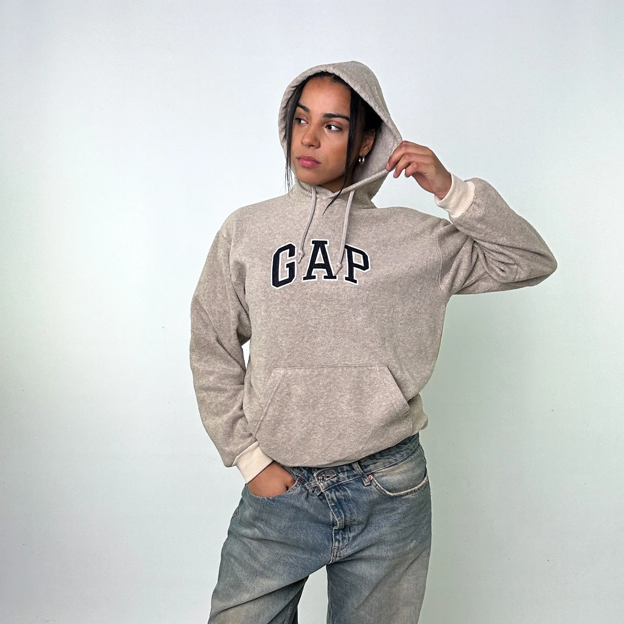 Beige Tan 90s GAP Spellout Hoodie Sweatshirt (S)