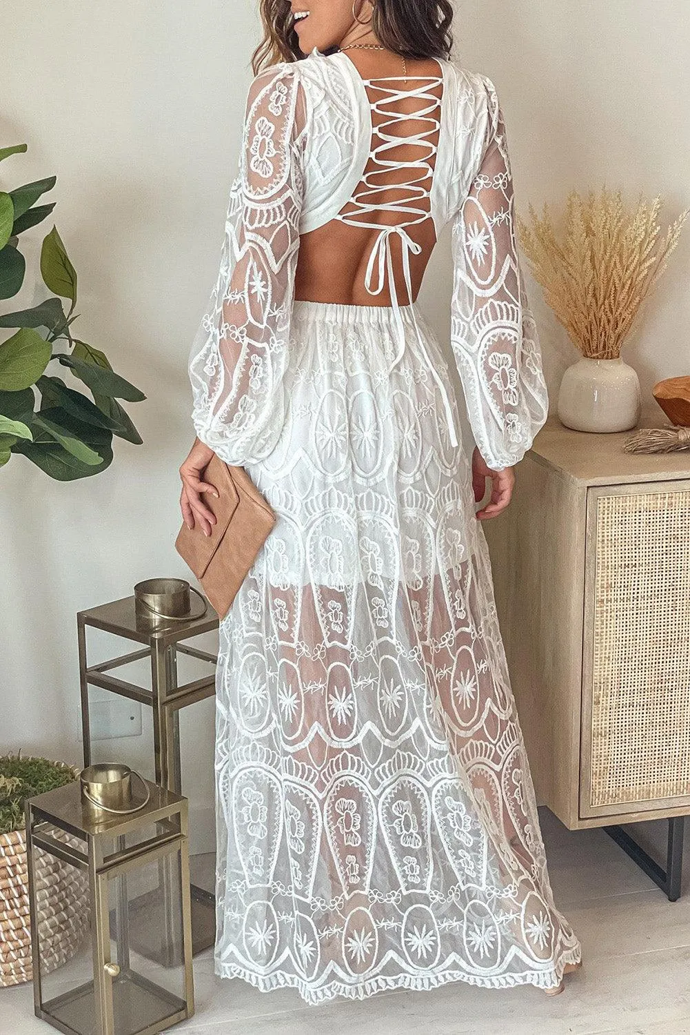 Bubble Sleeve Lace Maxi Dress