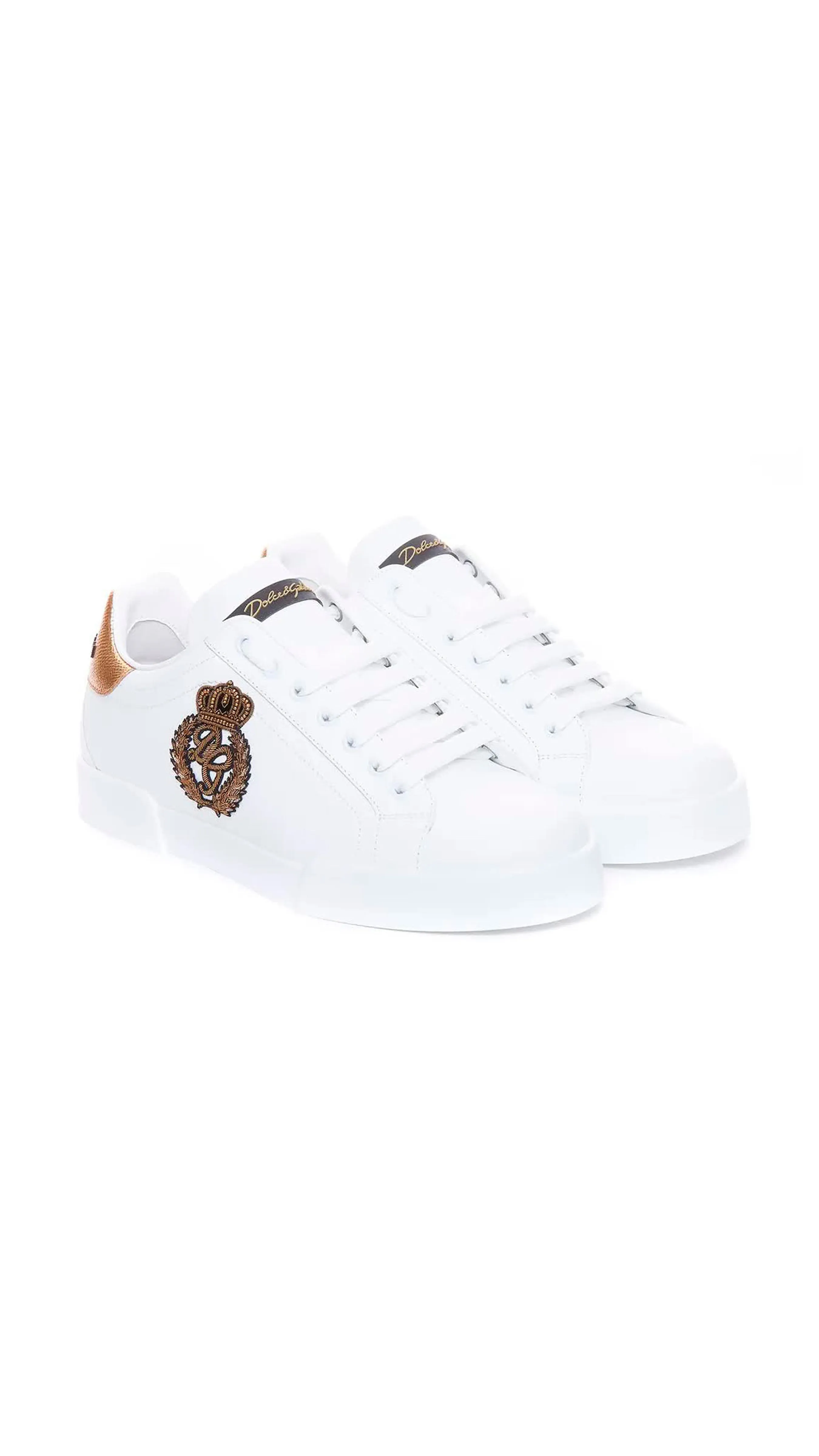 Calfskin Nappa Portofino Sneakers with Crown Patch - White/Gold