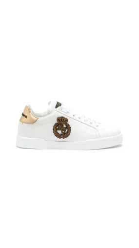 Calfskin Nappa Portofino Sneakers with Crown Patch - White/Gold