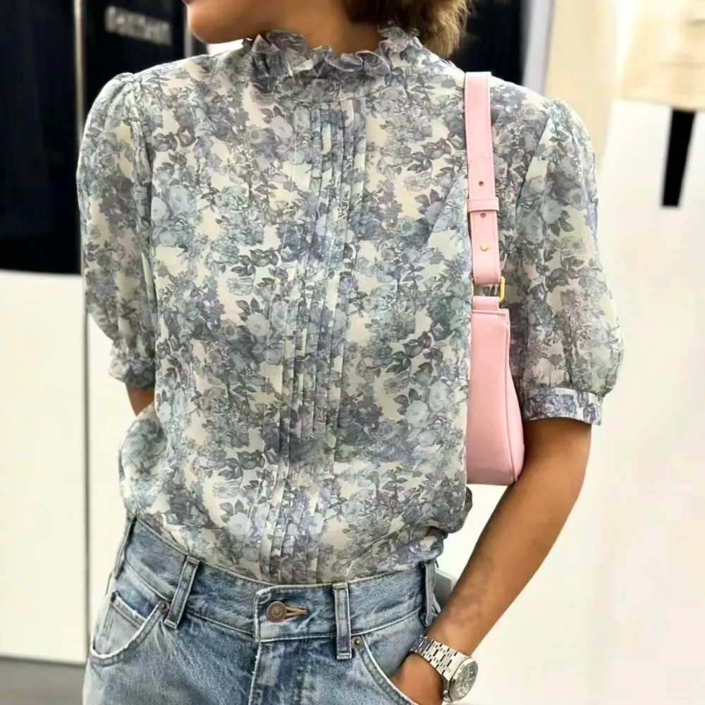 CELINE  |Flower Patterns Casual Style Silk Short Sleeves Party Style