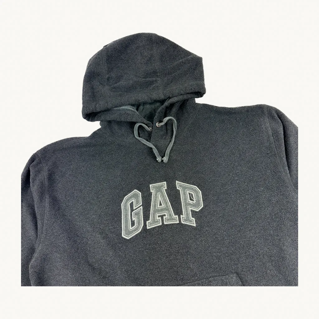 Dark Grey 90s GAP Spellout Fleece Hoodie Sweatshirt (M)