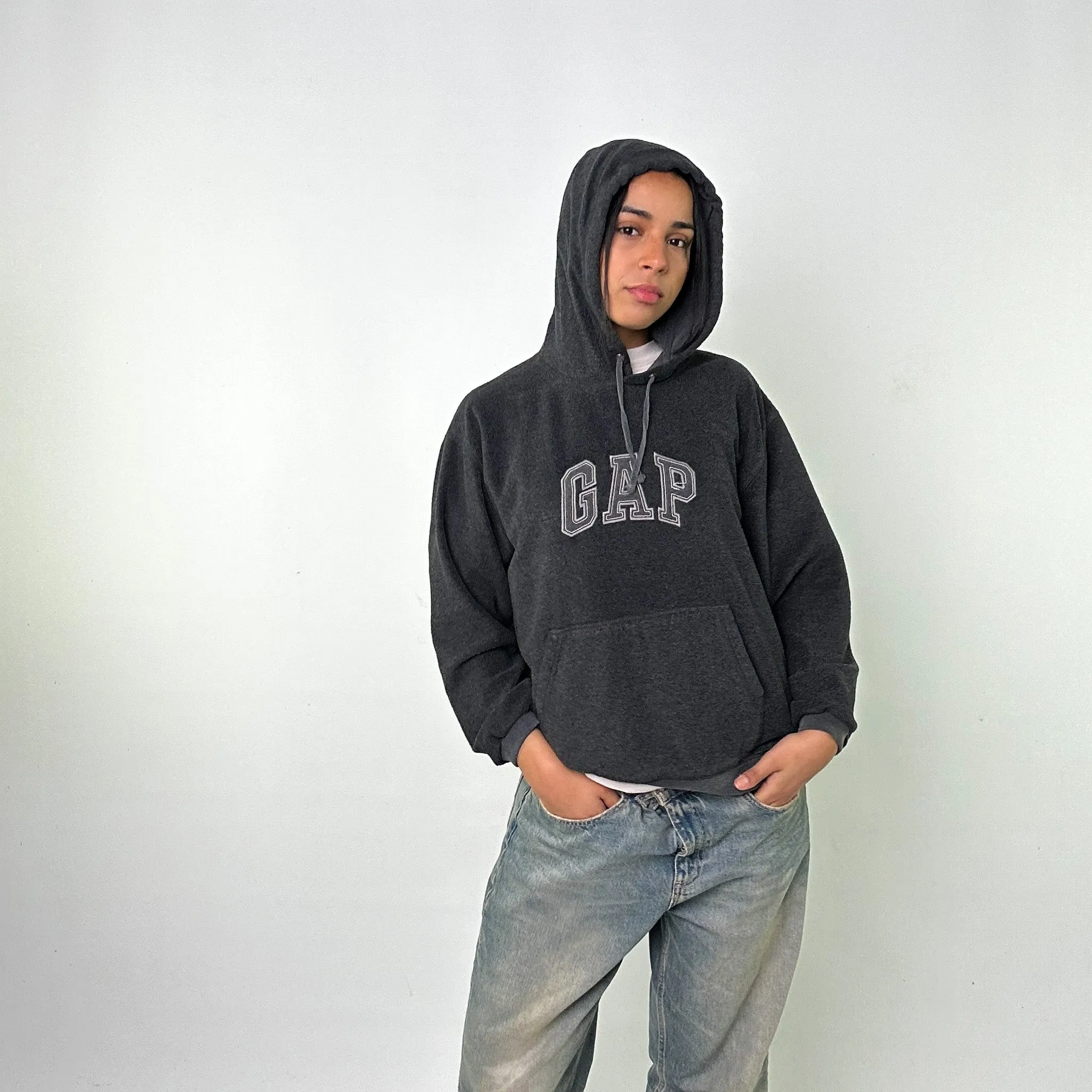 Dark Grey 90s GAP Spellout Fleece Hoodie Sweatshirt (M)