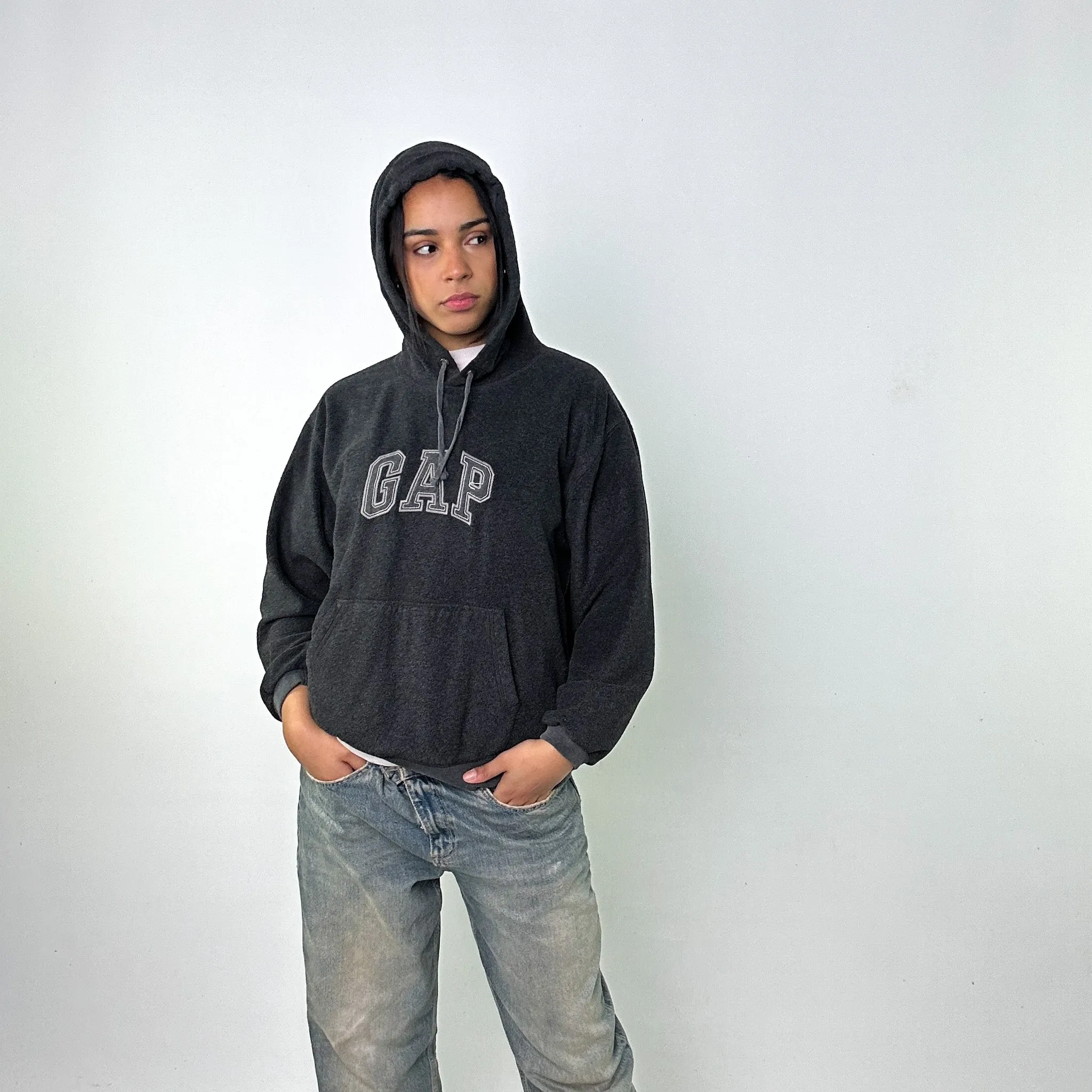 Dark Grey 90s GAP Spellout Fleece Hoodie Sweatshirt (M)