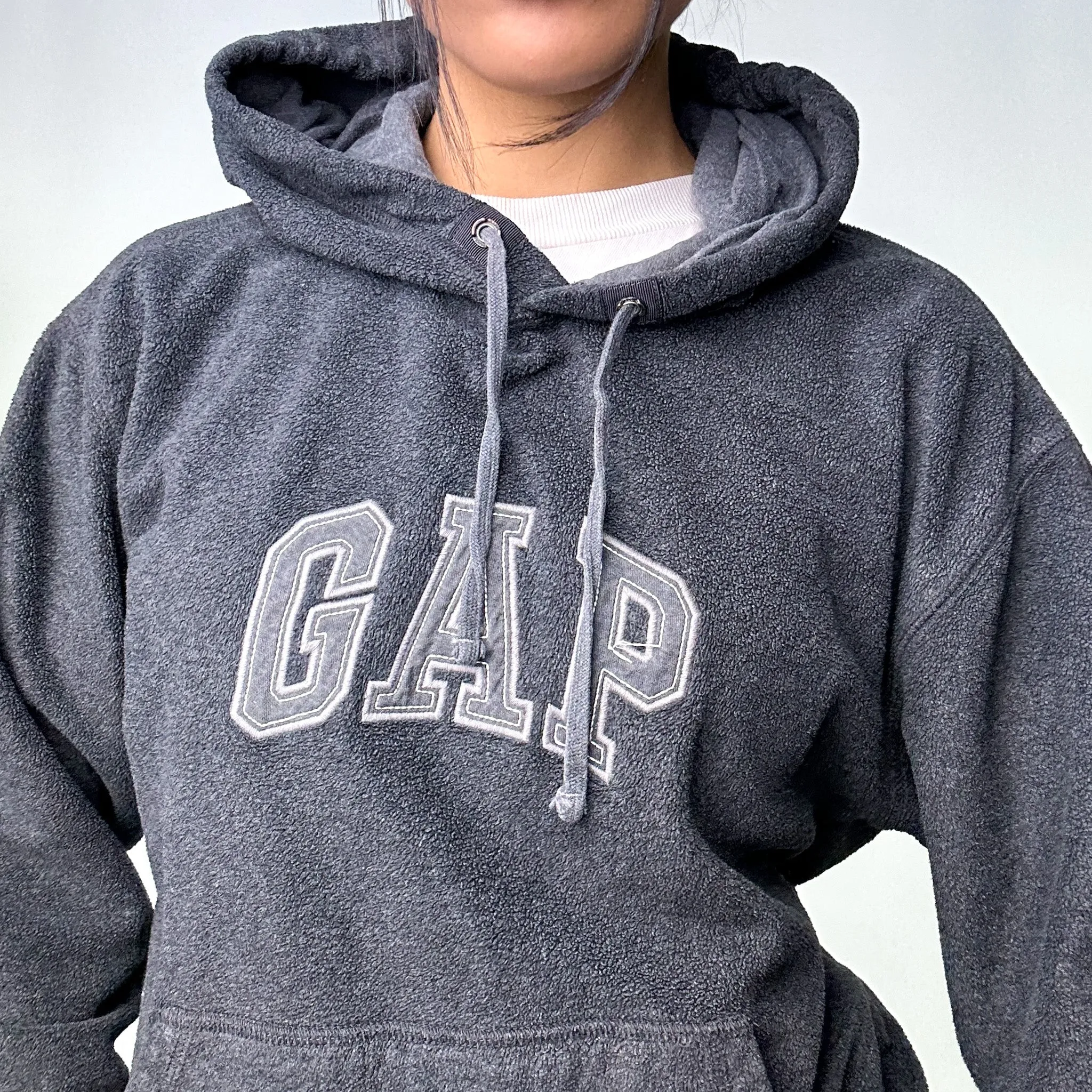 Dark Grey 90s GAP Spellout Fleece Hoodie Sweatshirt (M)