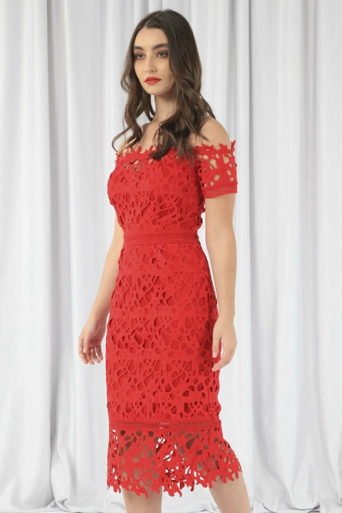 Double Second Red Bardot Lace Dress