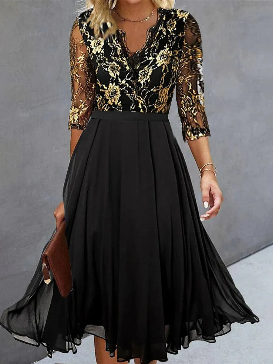 Elegant Black Lace Midi Cocktail Dress