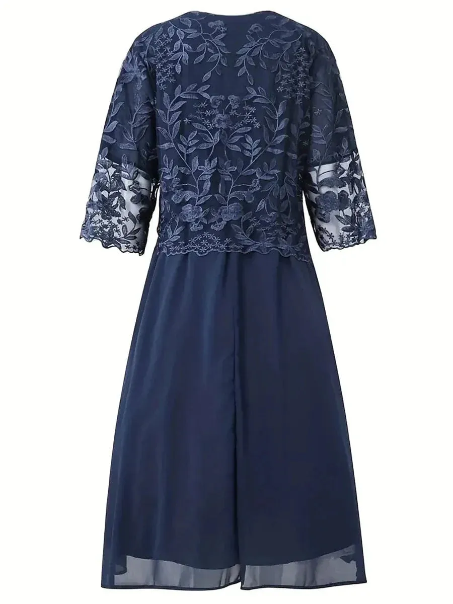 Elegant Navy Blue Lace Midi Dress for Plus Size Women