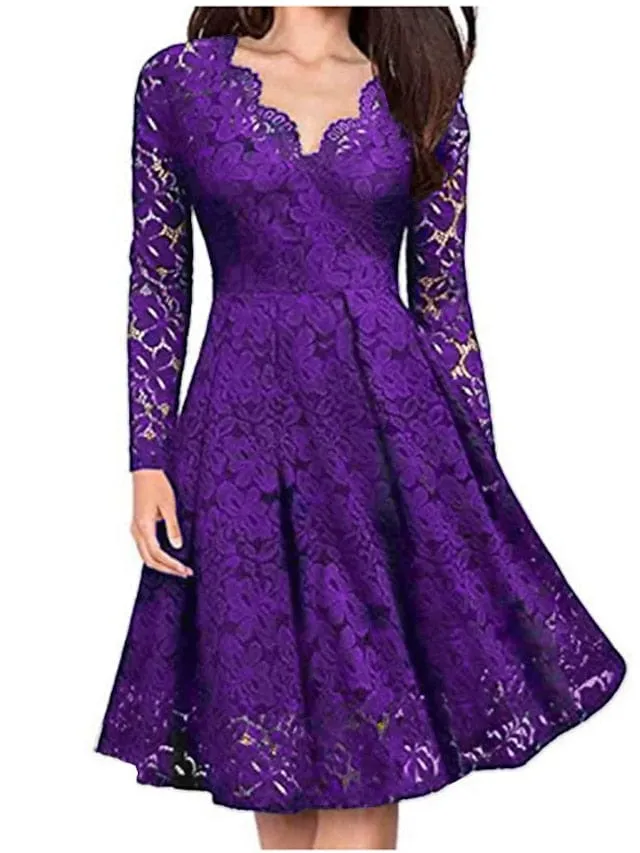 Elegant V-Neck Lace Party Dress with Long Sleeves