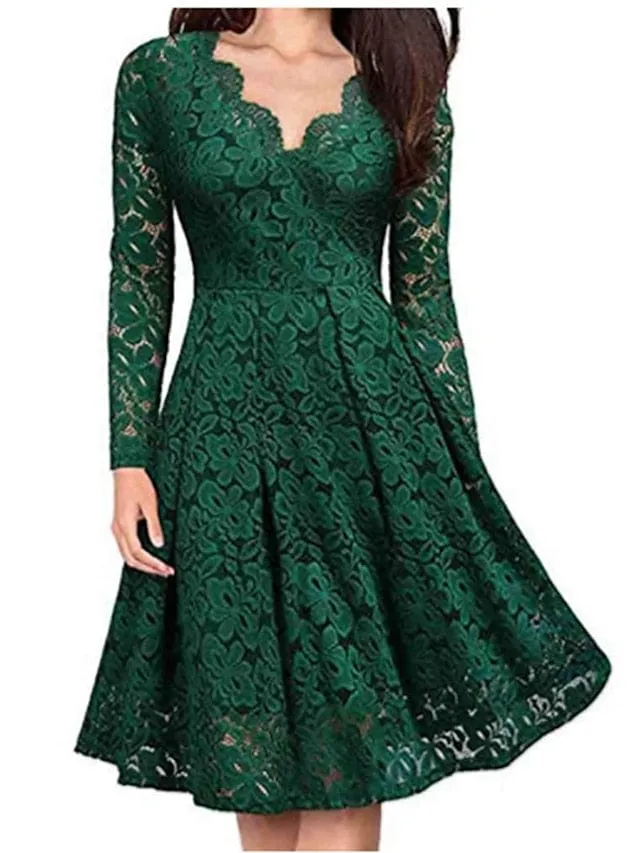 Elegant V-Neck Lace Party Dress with Long Sleeves