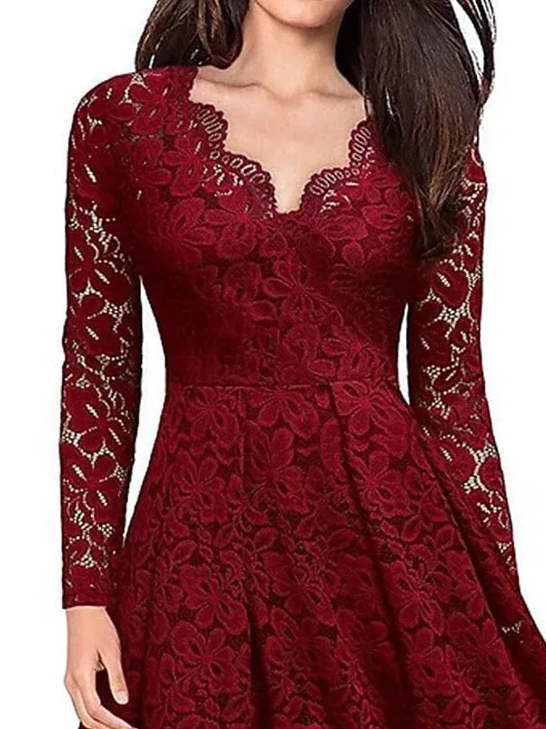 Elegant V-Neck Lace Party Dress with Long Sleeves