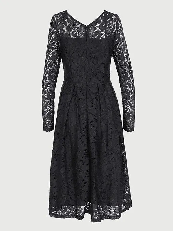 Elegant V-Neck Lace Party Dress with Long Sleeves