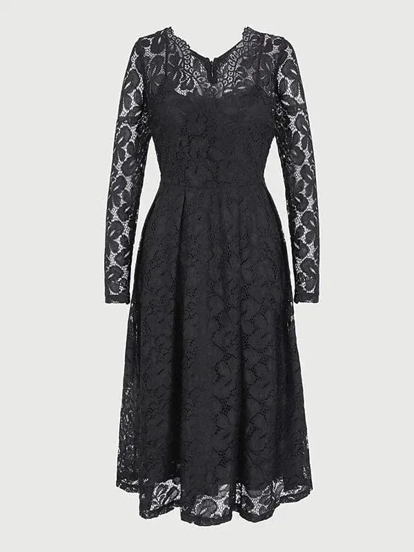 Elegant V-Neck Lace Party Dress with Long Sleeves