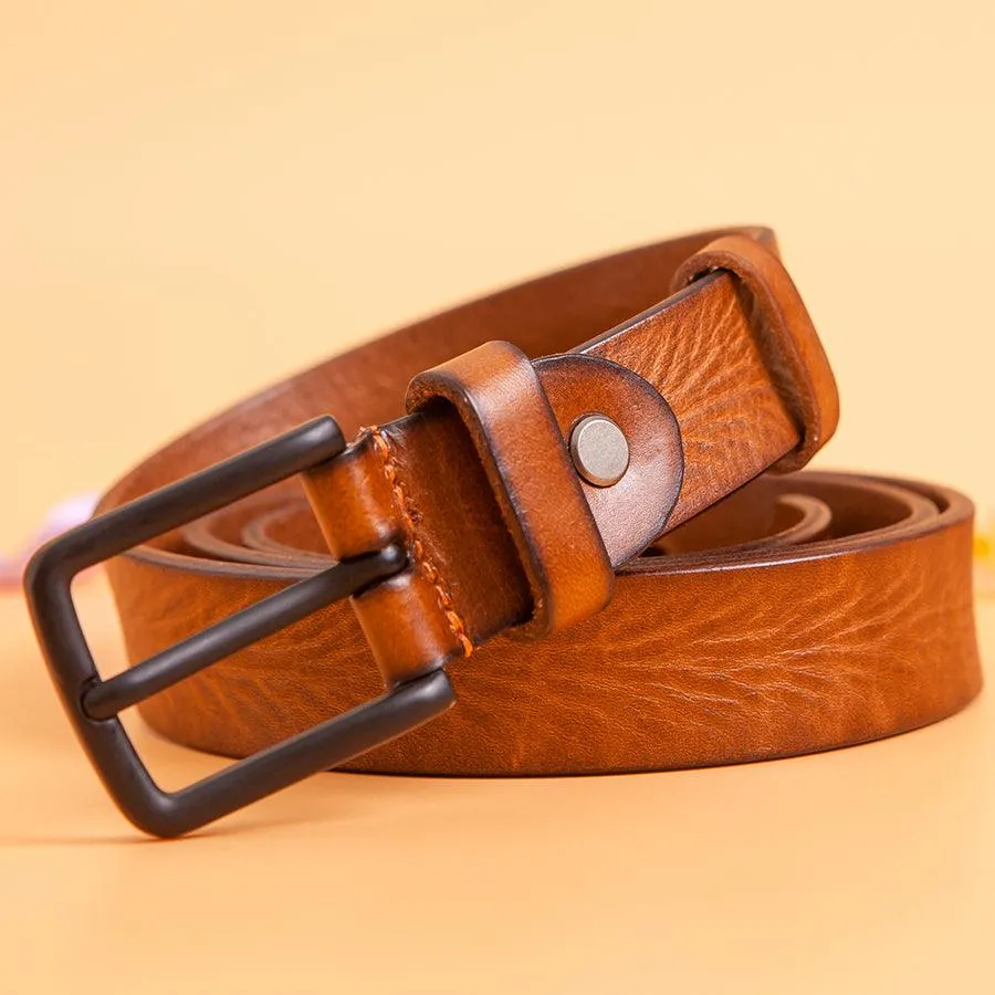 Embossing Brown Genuine Leather Buckle Belt