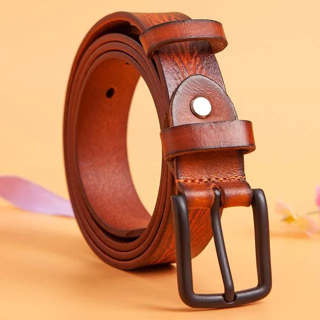 Embossing Brown Genuine Leather Buckle Belt