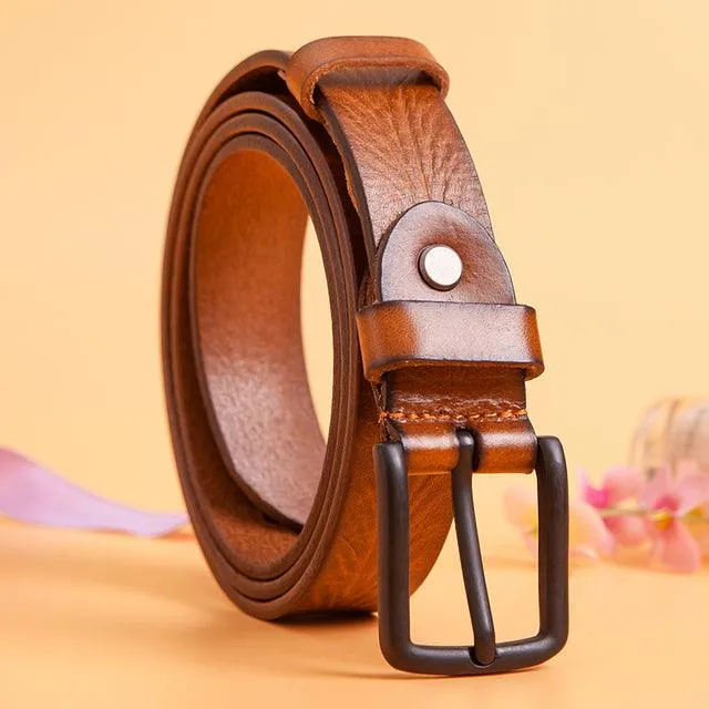 Embossing Brown Genuine Leather Buckle Belt