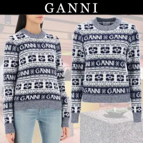 Ganni  |Crew Neck Monogram Casual Style Unisex Wool Blended Fabrics