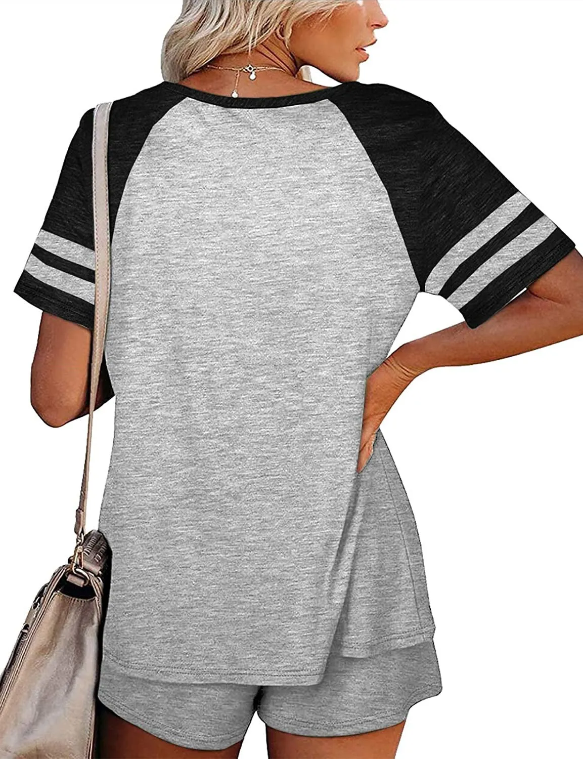 Haute Edition Raglan Contrast Striped Pajama Lounge Short Two Piece Set