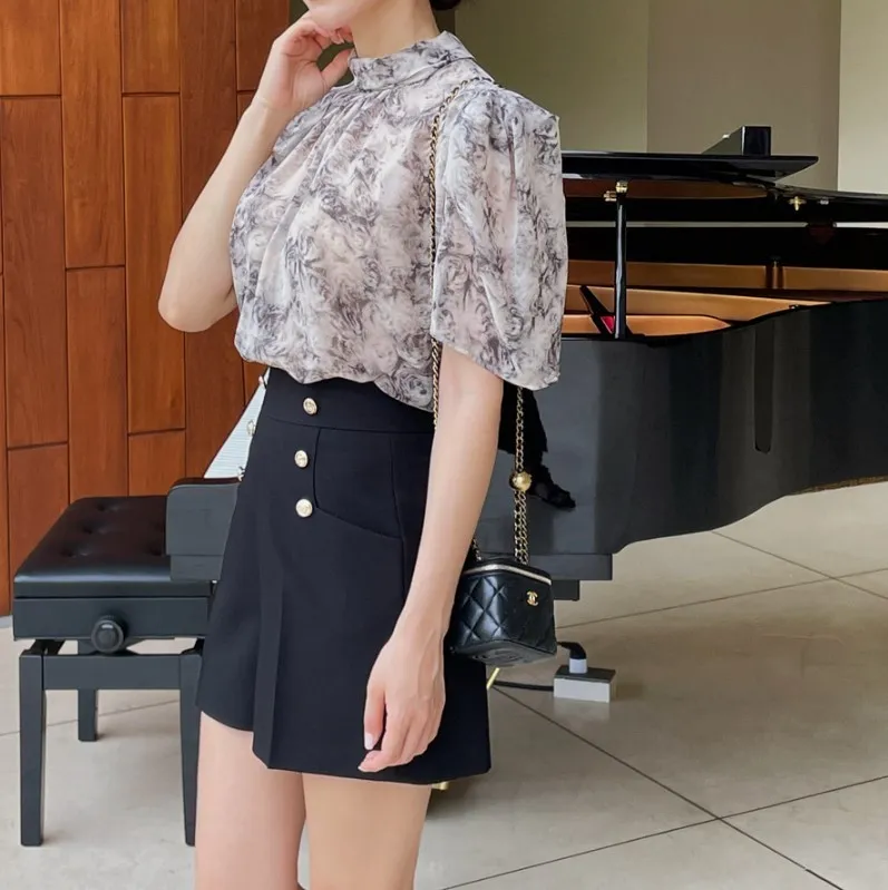 I AM MARI  |Flower Patterns Short Sleeves Office Style Elegant Style