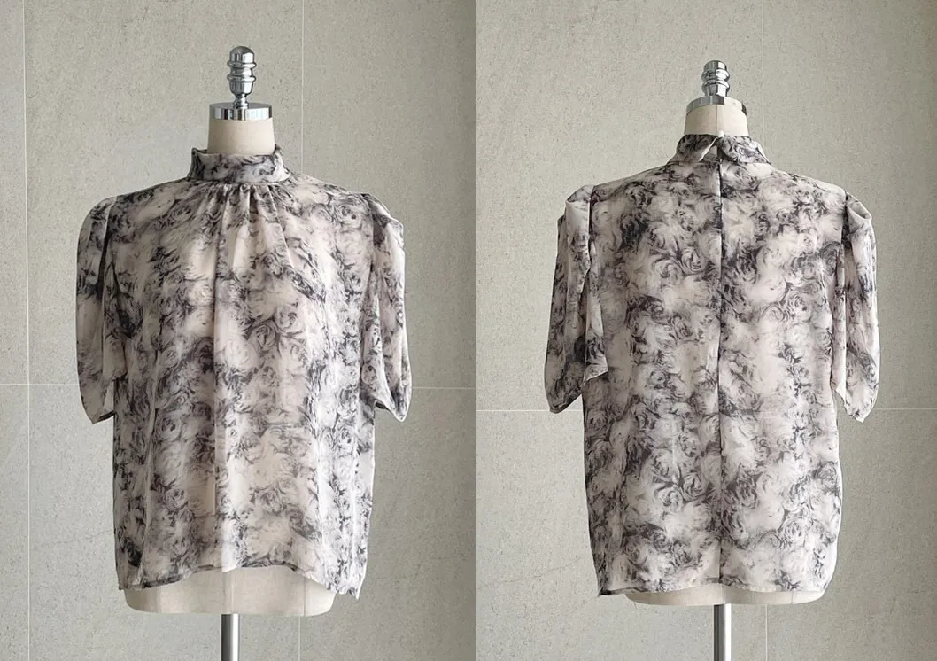 I AM MARI  |Flower Patterns Short Sleeves Office Style Elegant Style