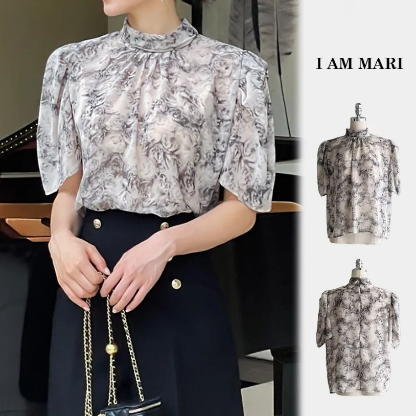 I AM MARI  |Flower Patterns Short Sleeves Office Style Elegant Style