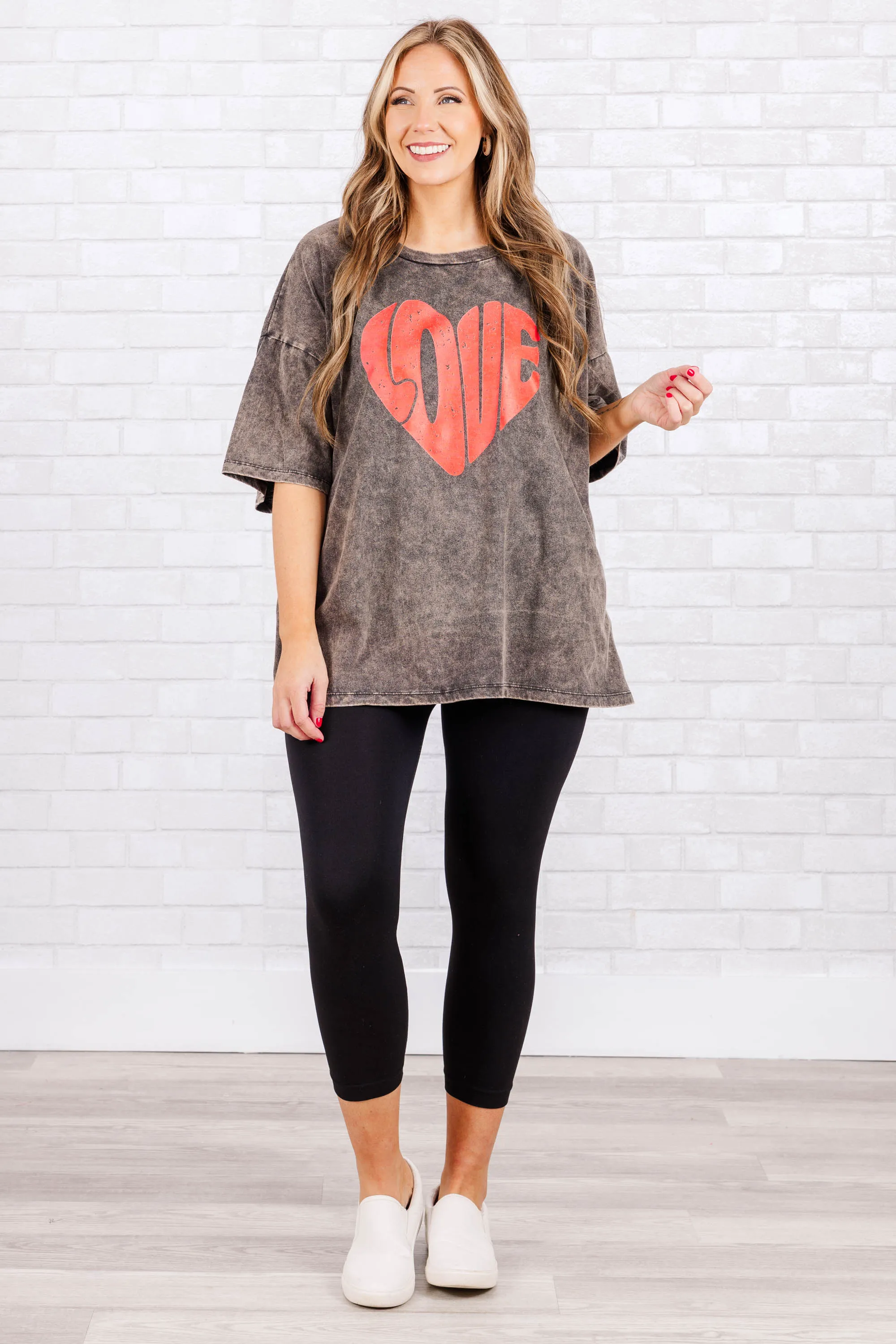 Love Is In The Air Acid Wash Boyfriend Tee, Ash Black