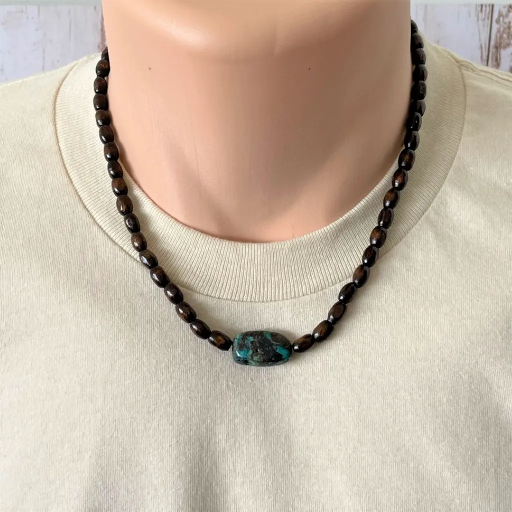 Mens Brown Wood Barrel and Turquoise Stone Beaded Necklace