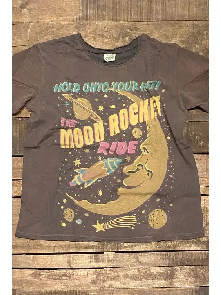 Moon Dance Distressed Cotton Tee Top in Moon Rocket