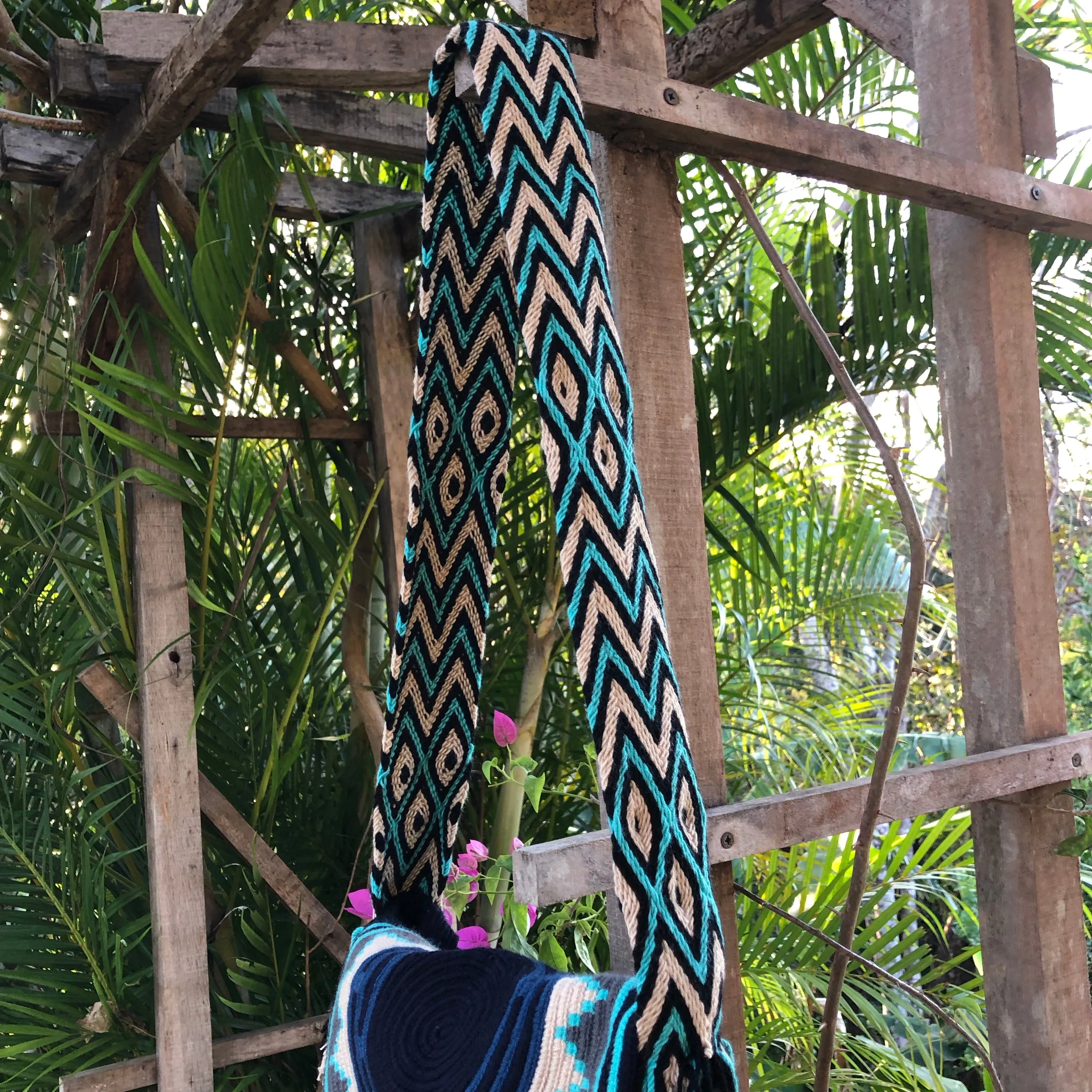 Navy Blue Mochila with Patterned Flap & Strap