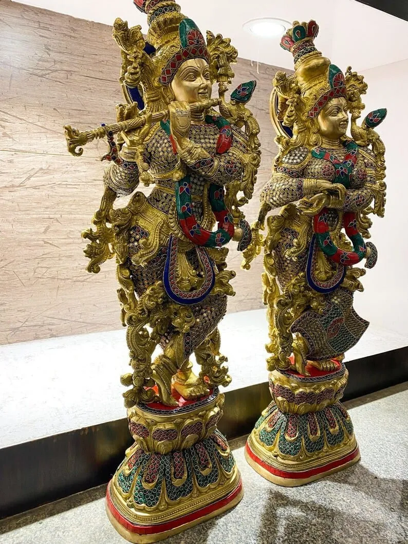 Radhamadhava , Beautifully Carved Intricate stone work Radha Krishna Statue in Brass - DEVA001RK