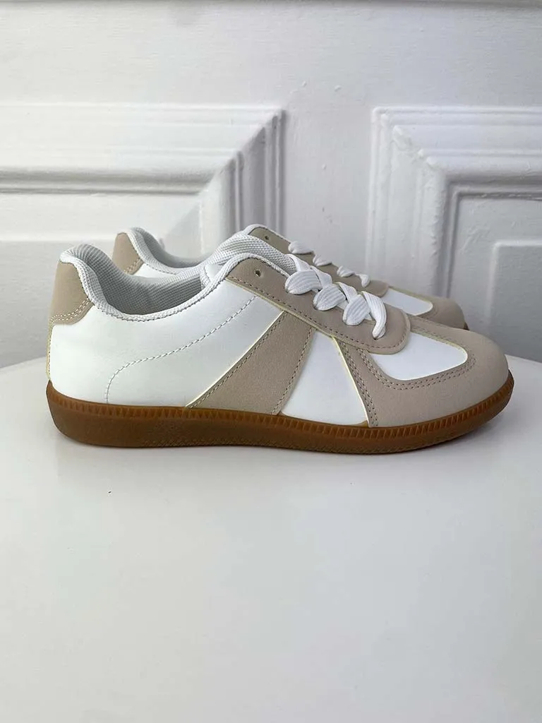 Retro Faux Leather Trainers - White & Stone