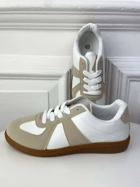 Retro Faux Leather Trainers - White & Stone