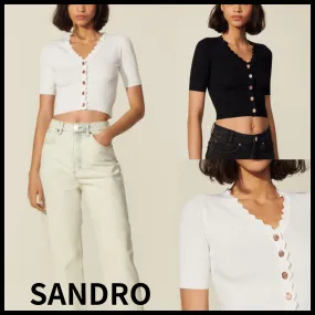 sandro  |Casual Style Wool Rib Street Style Plain Short Sleeves