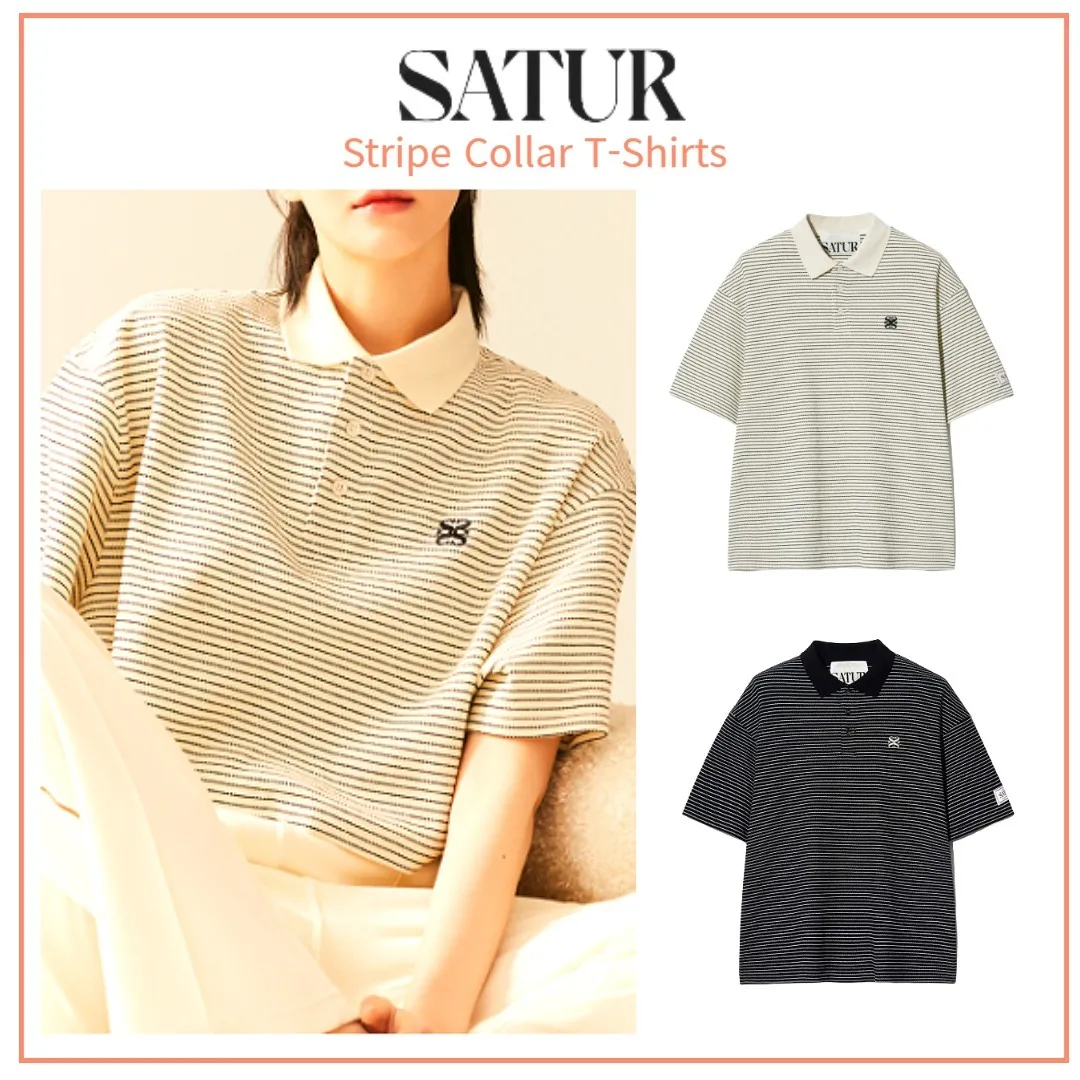 SATUR  |Stripes Unisex Cotton Short Sleeves Logo T-Shirts