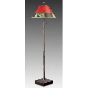 Steel Floor Lamp on Reclaimed Wood with Large Conical Shade in Red Match