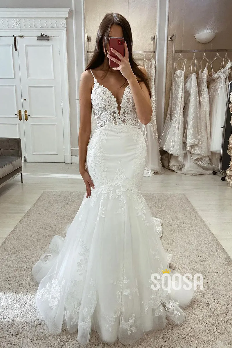 V-Neck Spaghetti Straps Trumpet Lace Applique With Tulle Train Beach Wedding Dress QW8100