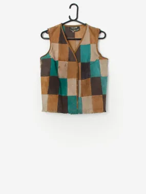 Vintage patchwork suede leather vest with fringe detail – Medium