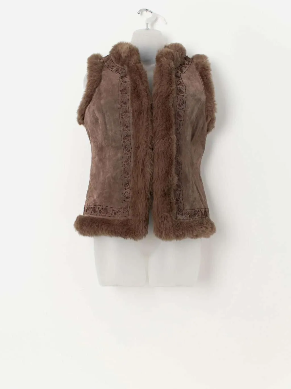 Vintage Y2K embroidered suede vest with faux fur lining – Small