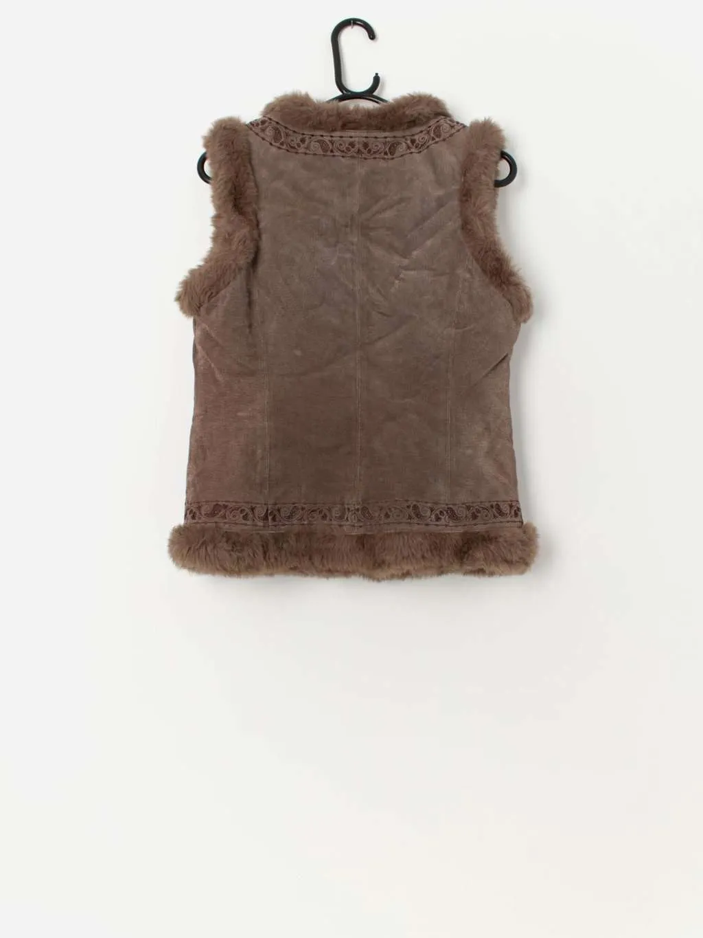 Vintage Y2K embroidered suede vest with faux fur lining – Small