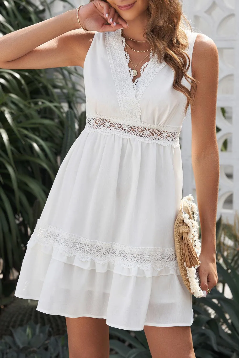 White Lace Crochet Sleeveless V-Neck Mini Dress