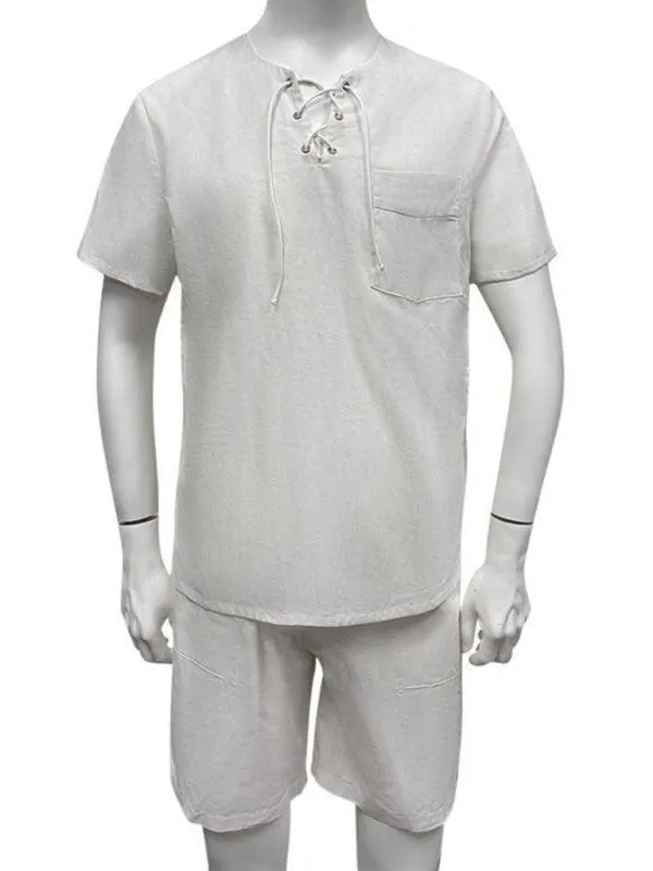 White Lace-Up Cotton Men Clothing Set