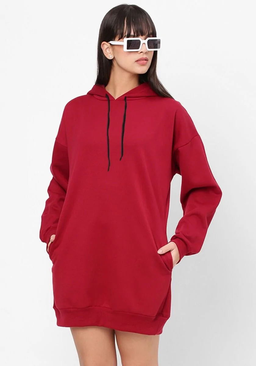 Women Oversized Hoodie Dress - Maroon